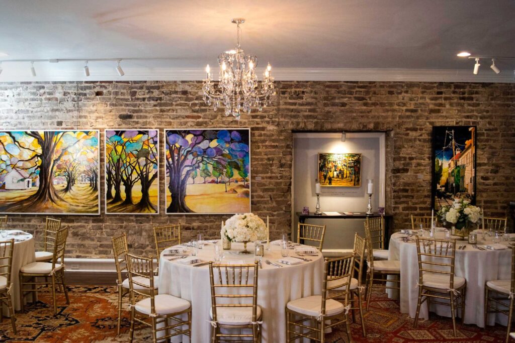 Tables and chairs set for a private event