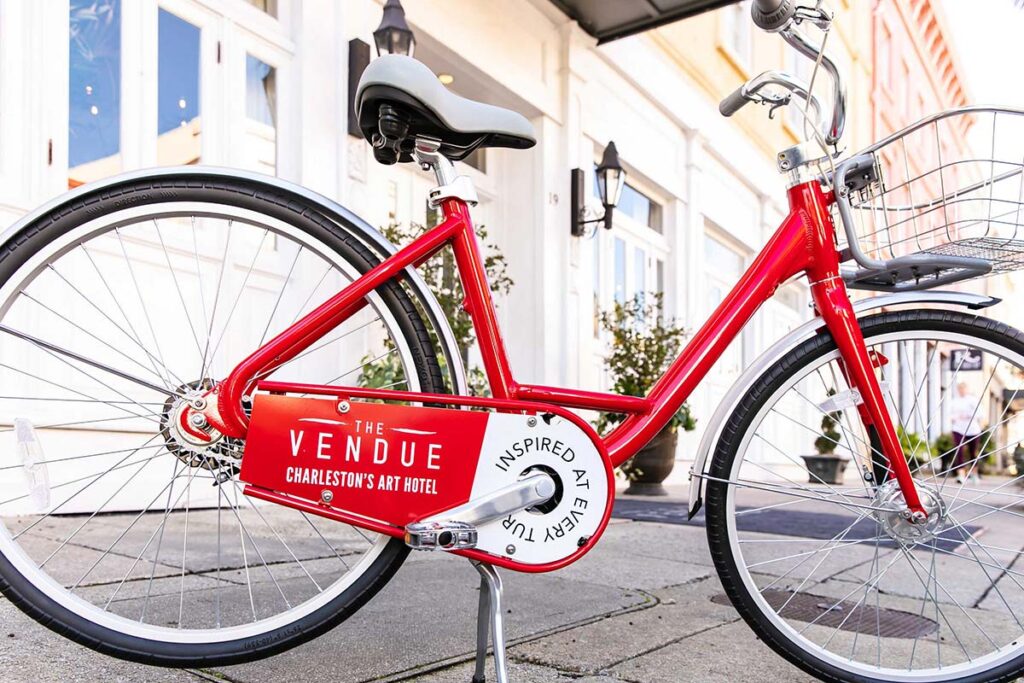 red bicycle with The Vendue logo