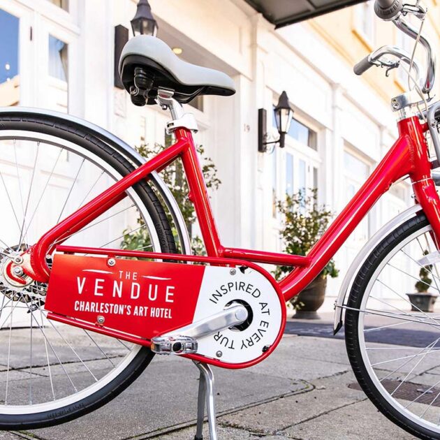 red bicycle with The Vendue logo