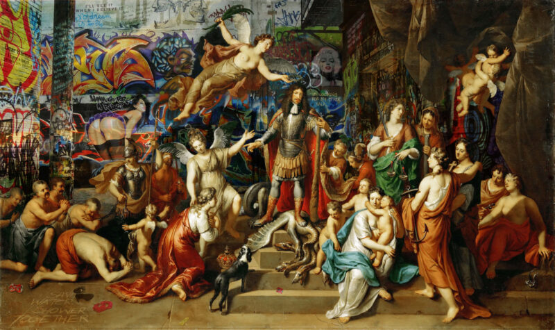 Renaissance painting depicted in a modern alleyway