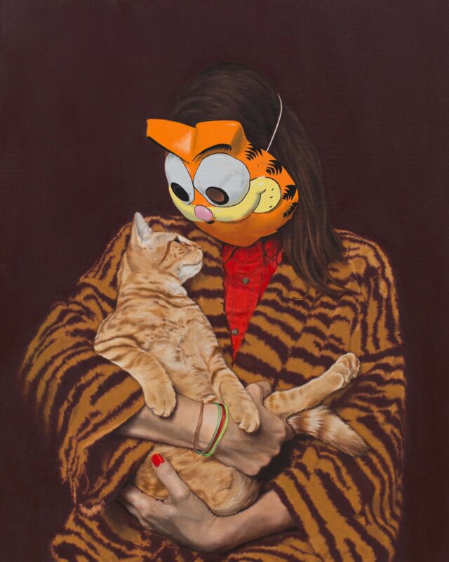 Painting of a woman wearing a garfield mask and holding a cat