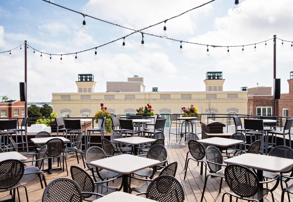Rooftop bar seating at The Vendue
