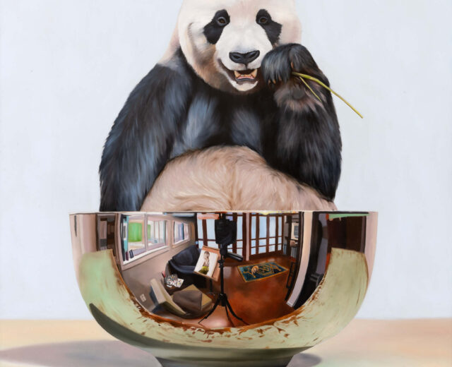 artwork by Robert Lange of a panda bear sitting in a silver bowl