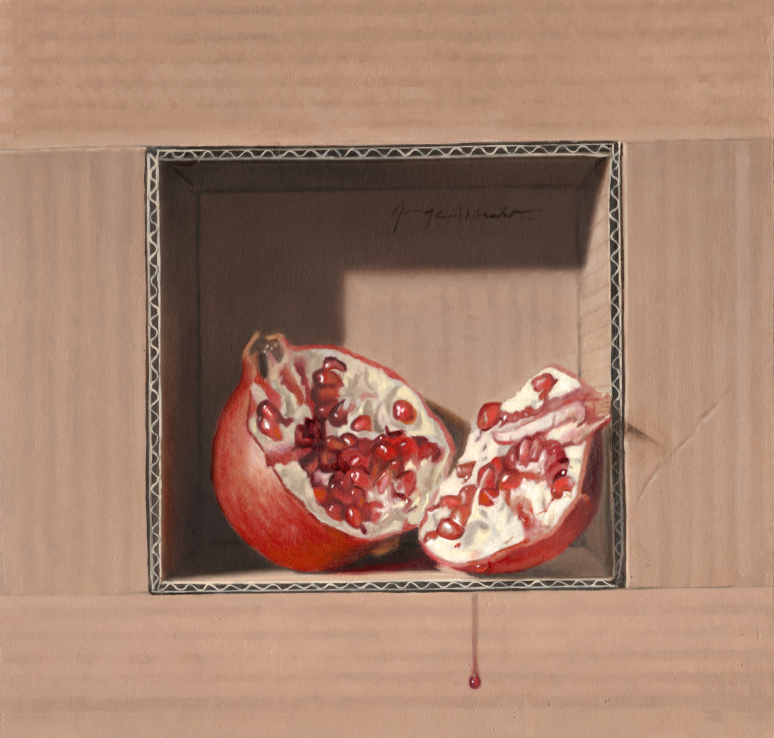 painting of an open pomegranate in a cardboard box