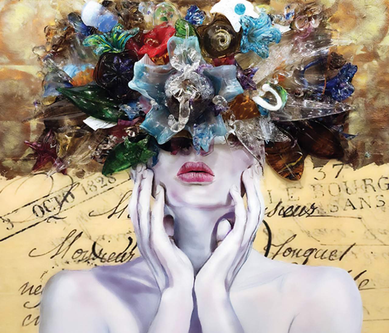 a painting of a woman with flowers on her head